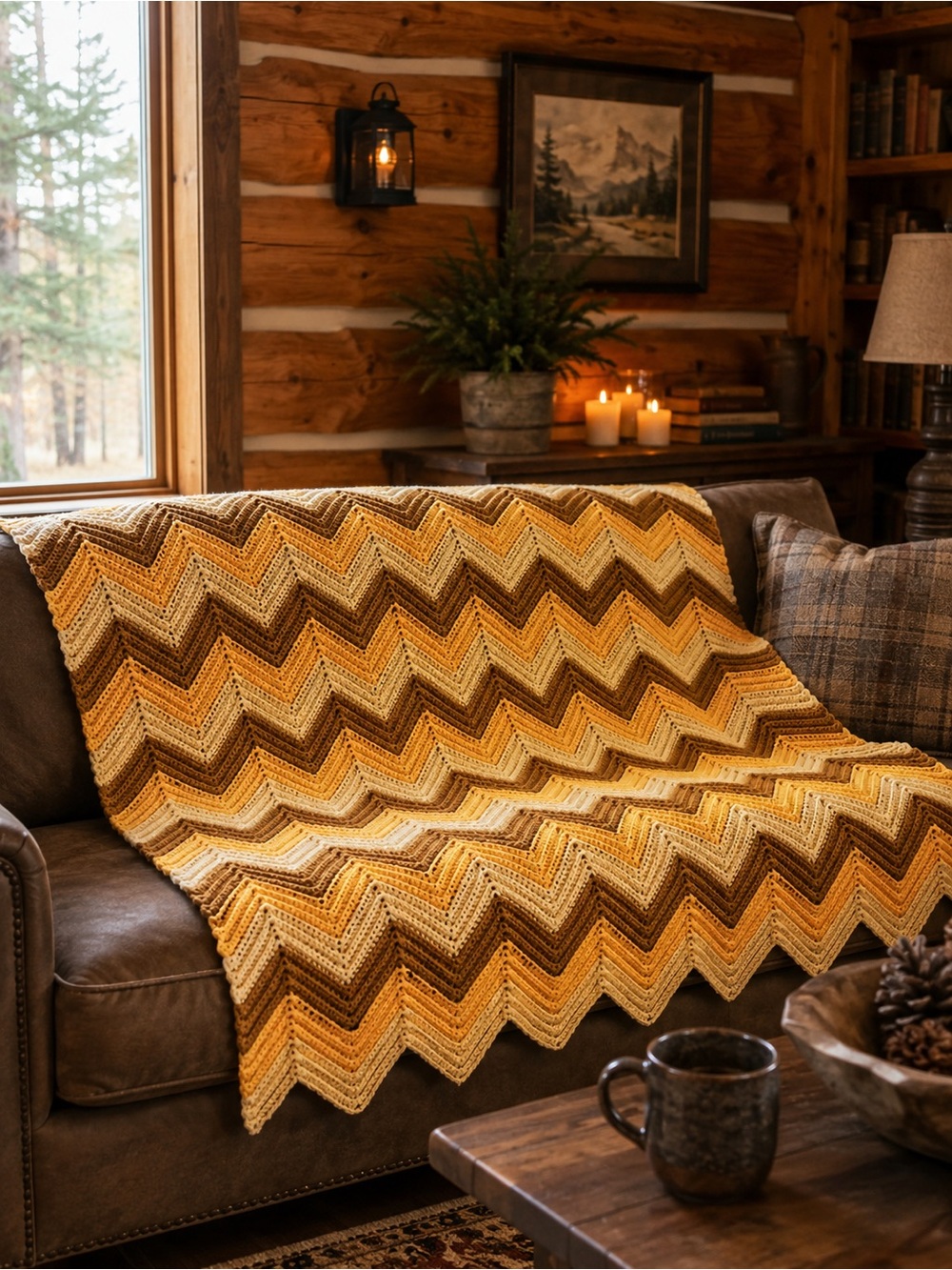 handmade vintage crochet afghan blanket with a chevron pattern brown and gold